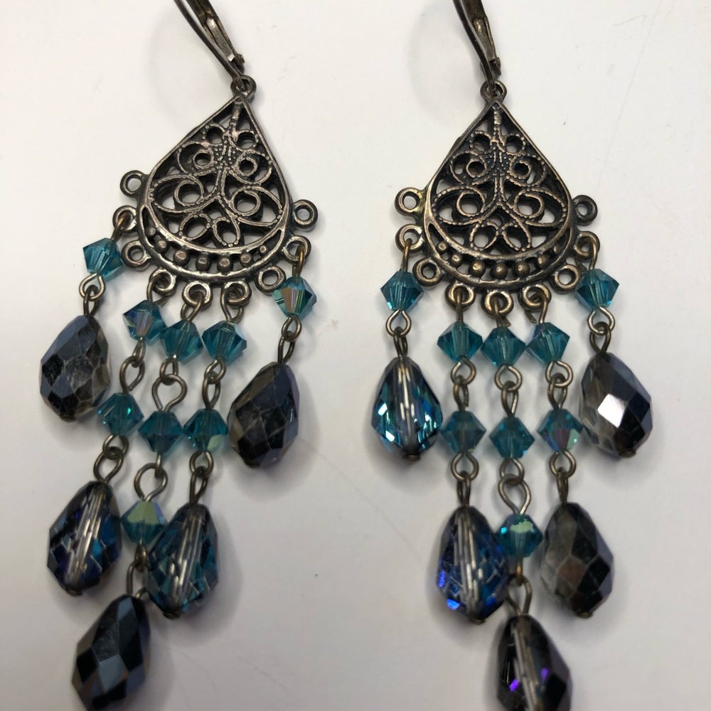 Handmade Sterling silver boho earrings w/ Swarovski crystals in charcoal & aqua - Picture 3 of 11